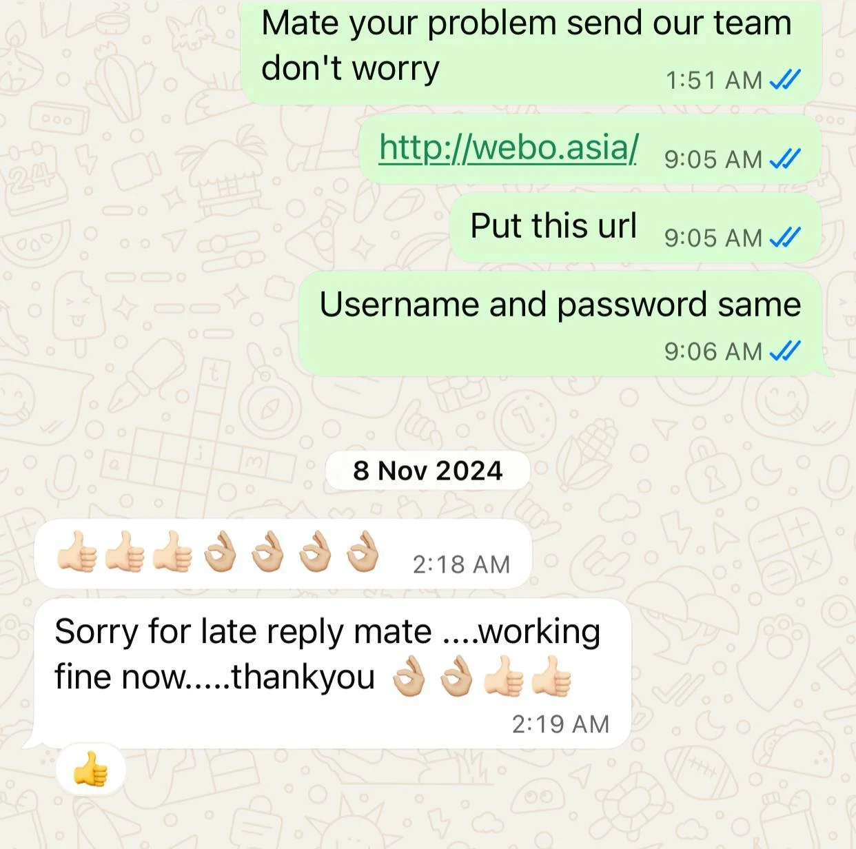 Customer WhatsApp feedback for IG IPTV service